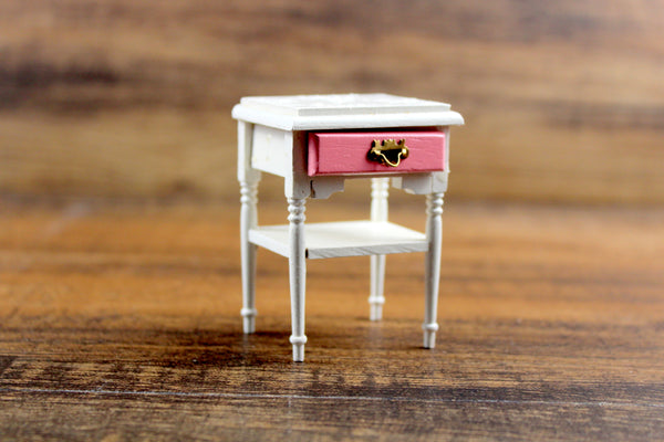 Vintage 1:12 Miniature Dollhouse White & Pink End Table, Side Table or Nightstand