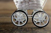 Vintage 1:12 Miniature Dollhouse White Wicker Stroller or Pram with Bedding & Baby