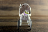 Vintage 1:12 Miniature Dollhouse White Wicker Stroller or Pram with Bedding & Baby