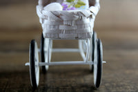 Vintage 1:12 Miniature Dollhouse White Wicker Stroller or Pram with Bedding & Baby