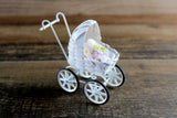 Vintage 1:12 Miniature Dollhouse White Wicker Stroller or Pram with Bedding & Baby