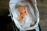 Vintage 1:12 Miniature Dollhouse White Wicker Stroller or Pram with Bedding & Baby