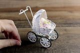 Vintage 1:12 Miniature Dollhouse White Wicker Stroller or Pram with Bedding & Baby