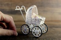Vintage 1:12 Miniature Dollhouse White Wicker Stroller or Pram with Bedding & Baby