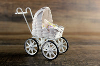 Vintage 1:12 Miniature Dollhouse White Wicker Stroller or Pram with Bedding & Baby