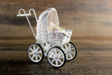 Vintage 1:12 Miniature Dollhouse White Wicker Stroller or Pram with Bedding & Baby