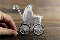 Vintage 1:12 Miniature Dollhouse White Wicker Stroller or Pram with Bedding & Baby