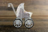 Vintage 1:12 Miniature Dollhouse White Wicker Stroller or Pram with Bedding & Baby