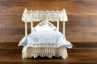 Vintage 1:12 Miniature Dollhouse White Four Poster Canopy Bed with Blue & Lace Bedding