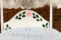 Vintage 1:12 Miniature Dollhouse White Four Poster Canopy Bed with Blue & Lace Bedding