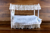 Vintage 1:12 Miniature Dollhouse White Four Poster Canopy Bed with Blue & Lace Bedding