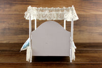 Vintage 1:12 Miniature Dollhouse White Four Poster Canopy Bed with Blue & Lace Bedding