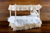 Vintage 1:12 Miniature Dollhouse White Four Poster Canopy Bed with Blue & Lace Bedding