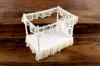 Vintage 1:12 Miniature Dollhouse White Four Poster Canopy Bed with Blue & Lace Bedding