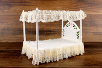 Vintage 1:12 Miniature Dollhouse White Four Poster Canopy Bed with Blue & Lace Bedding