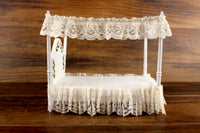 Vintage 1:12 Miniature Dollhouse White Four Poster Canopy Bed with Blue & Lace Bedding