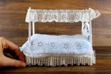 Vintage 1:12 Miniature Dollhouse White Four Poster Canopy Bed with Blue & Lace Bedding