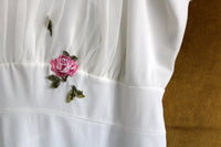 Vintage White Lace Full Slip with Pink Rose Applique Flowers
