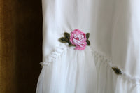 Vintage White Lace Full Slip with Pink Rose Applique Flowers