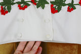 Vintage Silky White Wrap-Front Buttoned Blouse with Red Cherry & Green Leaf Appliques