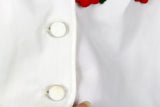 Vintage Silky White Wrap-Front Buttoned Blouse with Red Cherry & Green Leaf Appliques