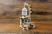 Artisan-Made Vintage 1:12 Miniature Dollhouse White Metal Birdcage & Planter Box with Flowers