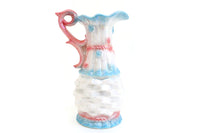 Vintage Opalescent White, Pink & Blue Porcelain Pitcher Vase with Basketweave Texture & Large Flower Accent