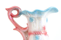 Vintage Opalescent White, Pink & Blue Porcelain Pitcher Vase with Basketweave Texture & Large Flower Accent