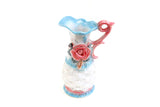 Vintage Opalescent White, Pink & Blue Porcelain Pitcher Vase with Basketweave Texture & Large Flower Accent