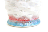 Vintage Opalescent White, Pink & Blue Porcelain Pitcher Vase with Basketweave Texture & Large Flower Accent