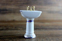 Vintage 1:12 Miniature Dollhouse White Porcelain & Floral Pedestal Bathroom Sink