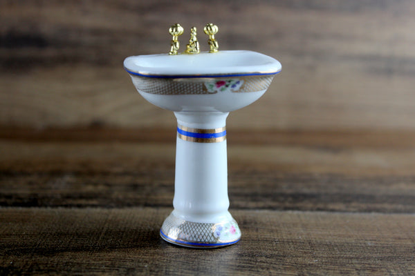 Vintage 1:12 Miniature Dollhouse White Porcelain & Floral Pedestal Bathroom Sink