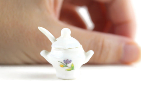 Vintage 1:12 Miniature Dollhouse White Porcelain Soup Tureen with Purple & Yellow Flowers