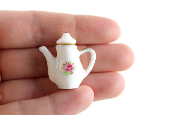 Vintage 1:12 Miniature Dollhouse White & Pink Floral Porcelain Teapot