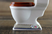 Vintage 1:12 Miniature Dollhouse White Porcelain & Floral Toilet with Wooden Seat