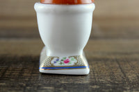 Vintage 1:12 Miniature Dollhouse White Porcelain & Floral Toilet with Wooden Seat