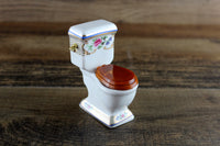 Vintage 1:12 Miniature Dollhouse White Porcelain & Floral Toilet with Wooden Seat