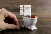 Vintage 1:12 Miniature Dollhouse White Porcelain & Floral Toilet with Wooden Seat