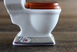 Vintage 1:12 Miniature Dollhouse White Porcelain & Floral Toilet with Wooden Seat