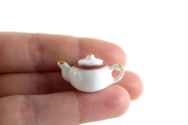 Vintage 1:12 Miniature Dollhouse White & Red Porcelain Teapot