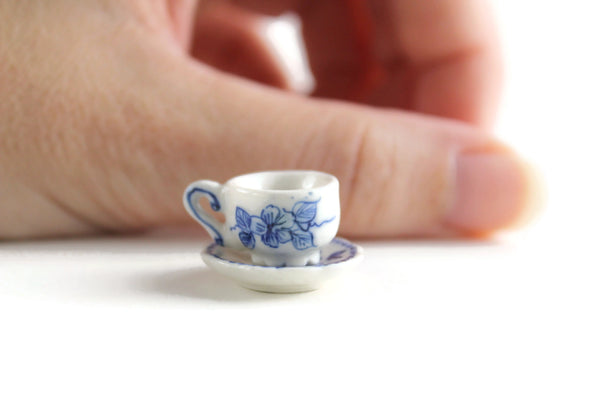 Vintage 1:12 Miniature Dollhouse White & Blue Floral Teacup & Saucer