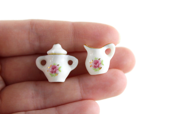 Vintage 1:12 Miniature Dollhouse White & Pink Floral Cream & Sugar Set