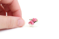 Vintage 1:12 Miniature Dollhouse Pink Flower Arrangement in White Metal Swan Planter