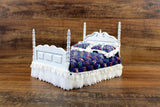 Vintage 1:12 Miniature Dollhouse White Bed with Blue Floral Bedding