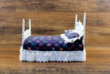 Vintage 1:12 Miniature Dollhouse White Bed with Blue Floral Bedding