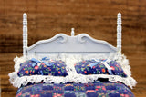 Vintage 1:12 Miniature Dollhouse White Bed with Blue Floral Bedding