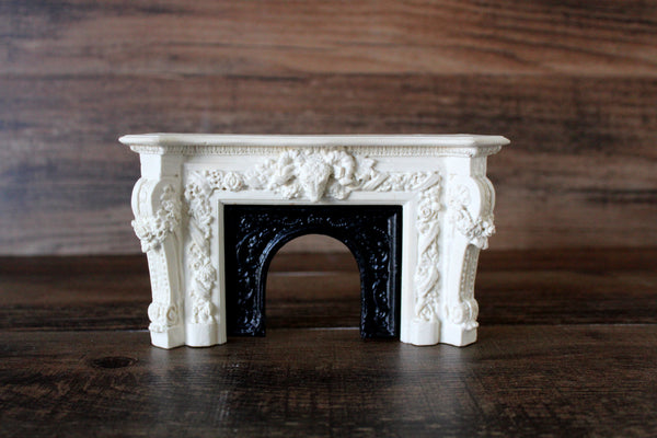 Vintage 1:12 Miniature Dollhouse Ornate White & Black Carved Fireplace