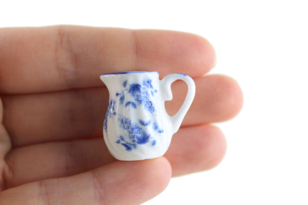 Vintage 1:12 Miniature Dollhouse White & Blue Floral Porcelain Pitcher or Vase