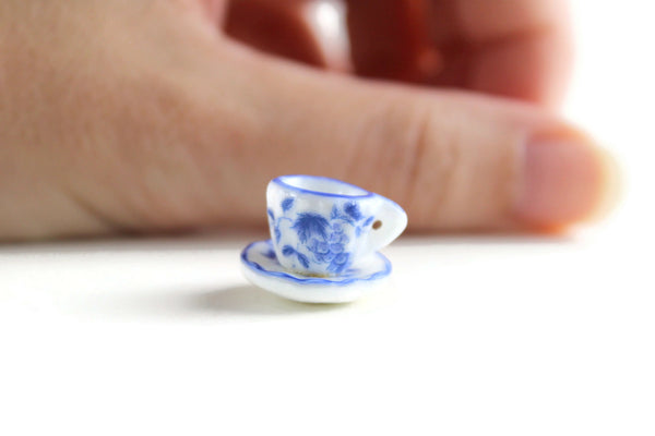 Vintage 1:12 Miniature Dollhouse White & Blue Floral Teacup & Saucer