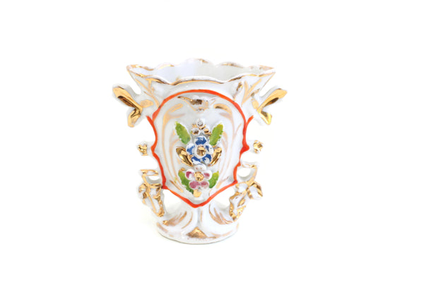 Vintage White & Gold Floral Print Vase with Red Trim